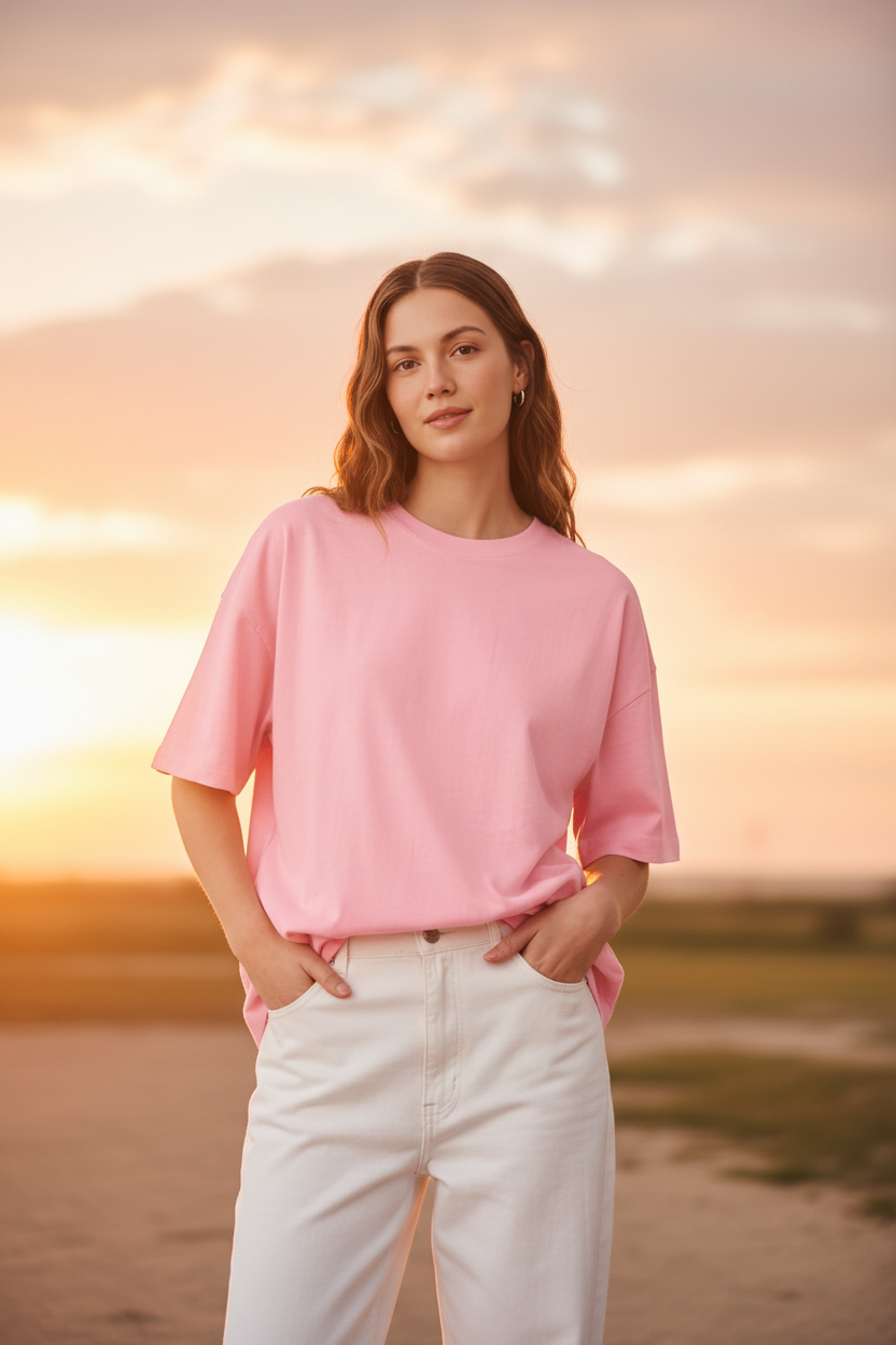 Female model in pink t-shirt with beautiful sky background
