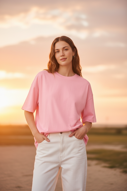 Female model in pink t-shirt with beautiful sky background