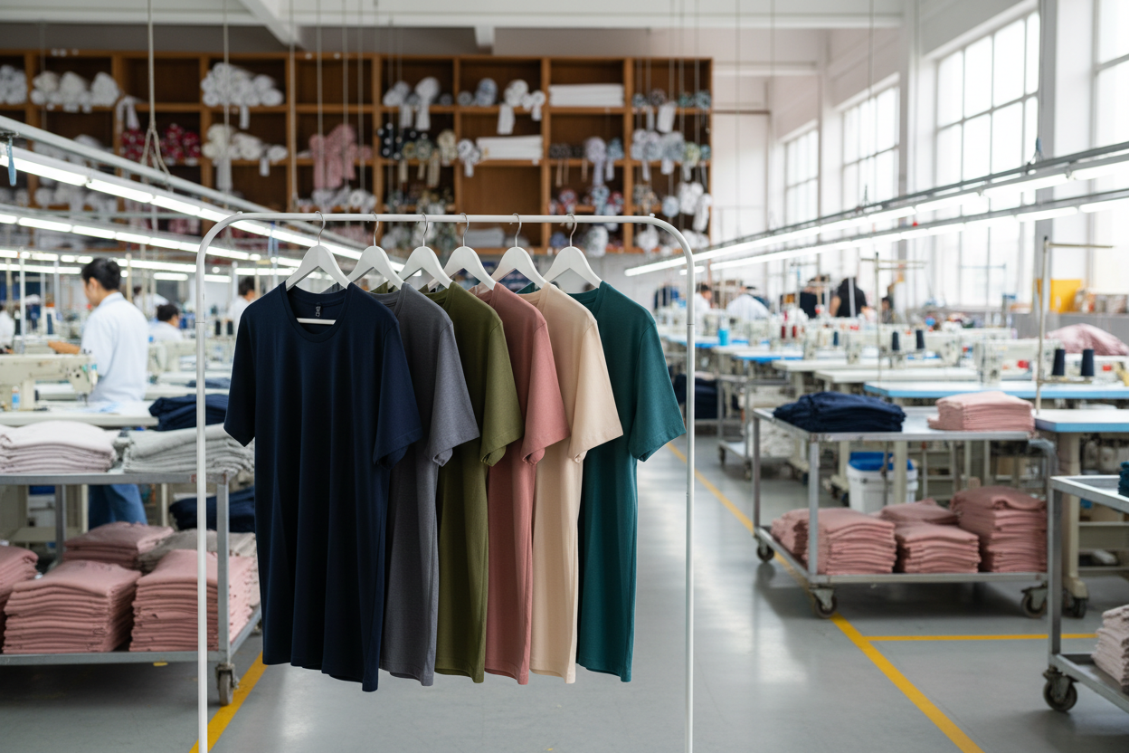T-shirts on white rack with garment factory background